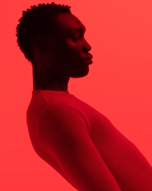 High-contrast silhouette portrait in red, photographic, high-contrast, dark