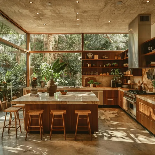 Mid-century modern kitchen interior, photographic, organic, warm