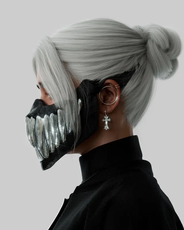 Profile with silver hair and graphic eyewear mask, photographic, minimalist, dark