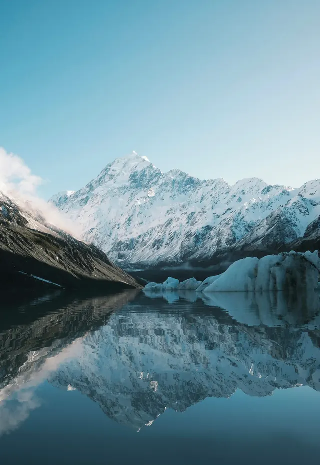 Snow-capped mountain lake reflection, photographic, minimalist, cool