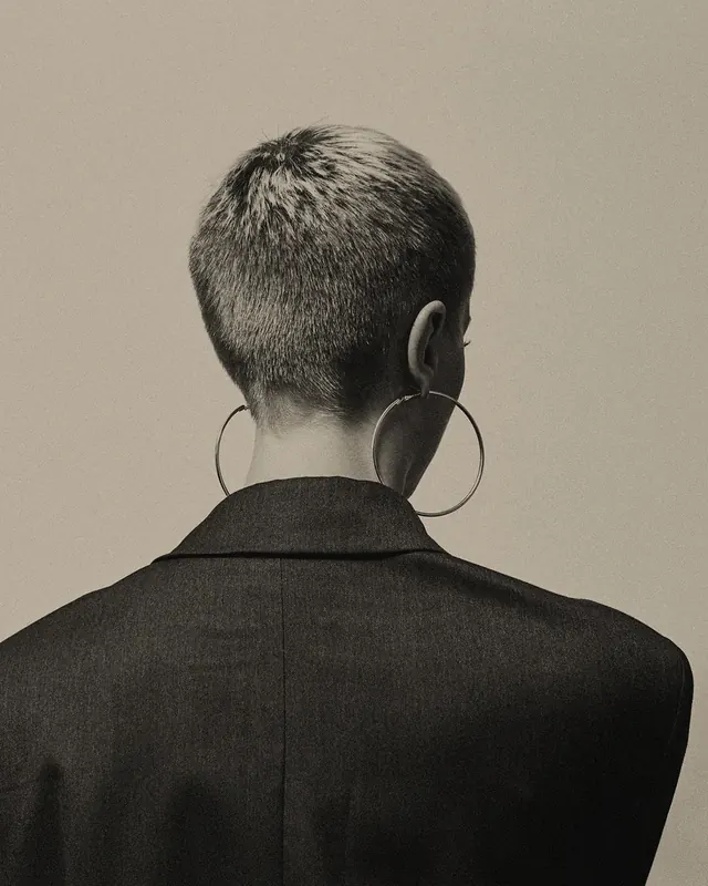 Portrait with statement jewelry, photographic, minimal, muted