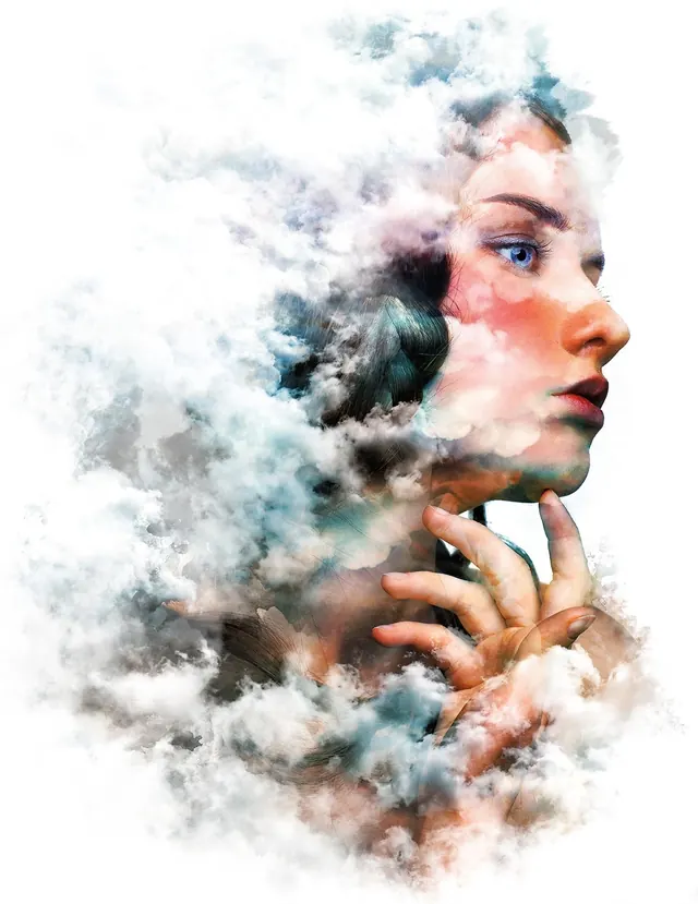 Double-exposure portrait with atmospheric clouds, illustrated, organic, warm