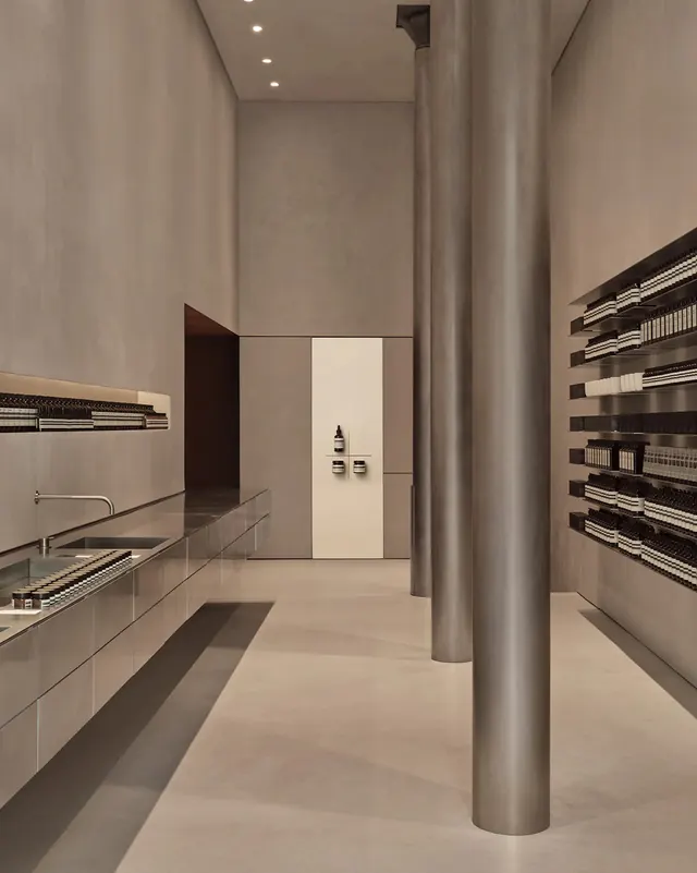 Aesop retail store Barcelona interior, minimal, corporate-clean, muted