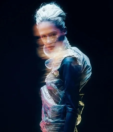 Double-exposure portrait with light effects, illustrated, abstract, cool
