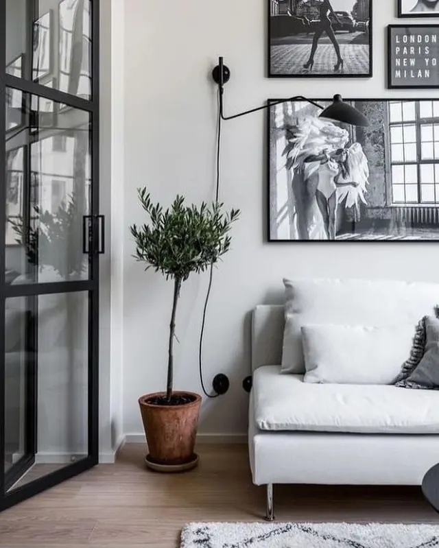 Scandinavian living room with plant and wall art, minimal, scandinavian, light