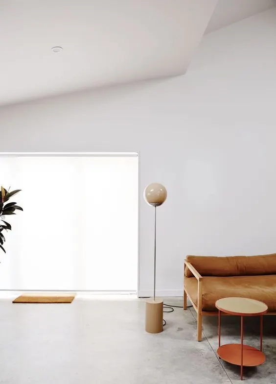 Minimalist interior with wood furniture and large window, minimal, corporate-clean, light