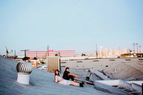 Rooftop urban landscape, photographic, minimal, cool