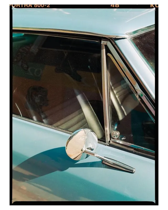 Vintage car mirror detail, photographic, light