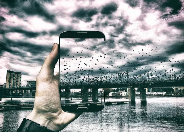Smartphone framed in urban landscape, photographic, editorial, cool