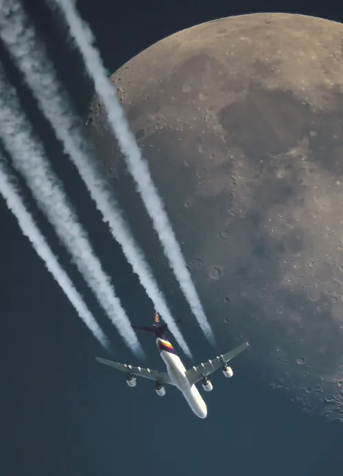 Jet trails and moon photography, photographic, minimalist, cool