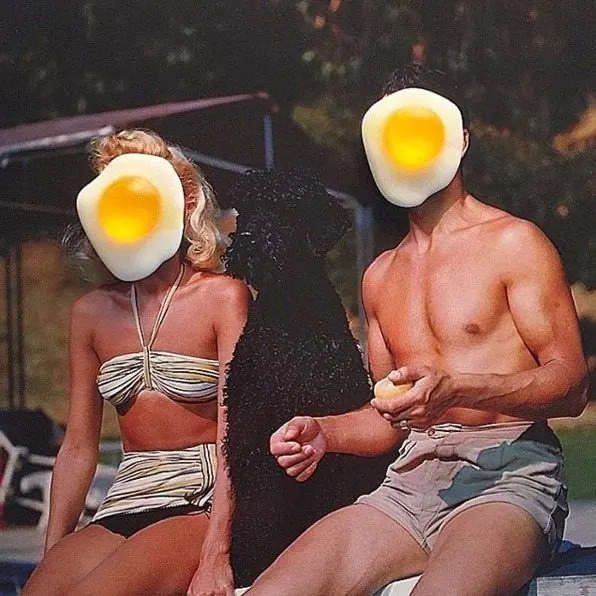 Retro surreal photo with egg head figures, photographic, surreal, warm