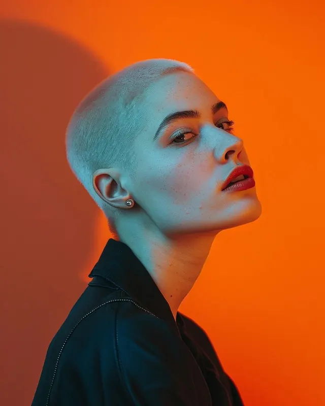 Portrait against complementary orange background, photographic, gradient-heavy, vibrant