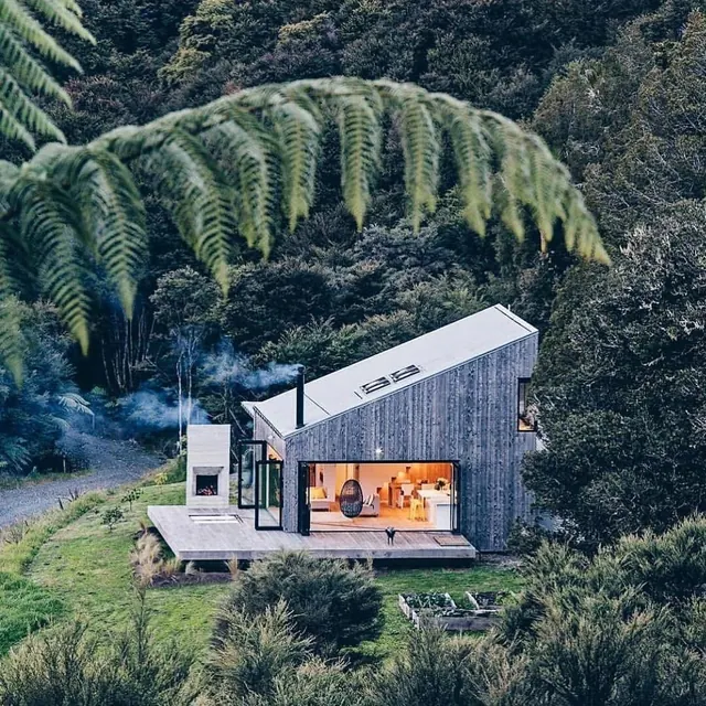 Minimalist cabin in forest landscape, minimal, organic, earthy