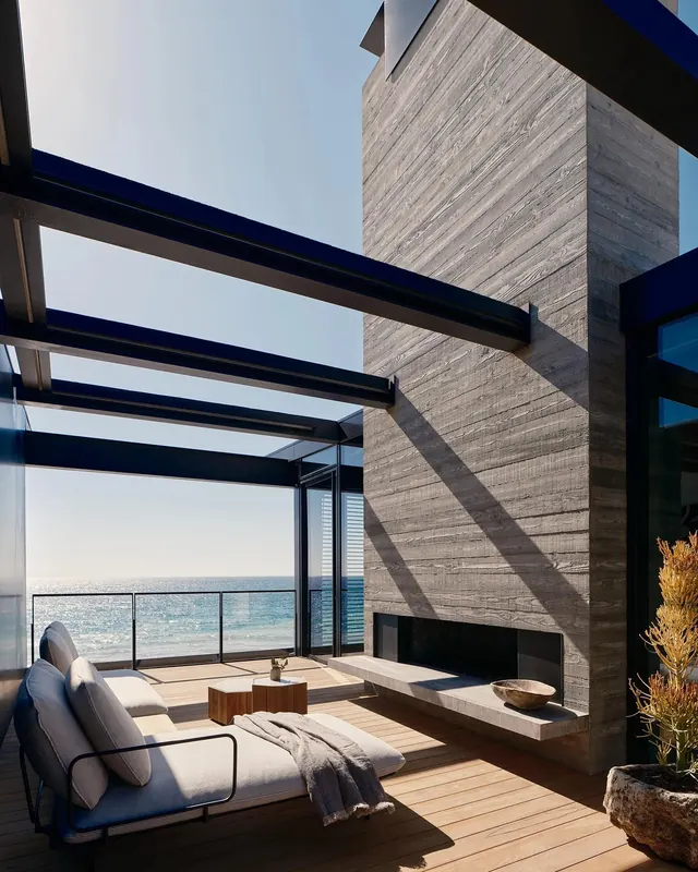 Beachfront modern lounge with pergola, minimal, corporate-clean, light