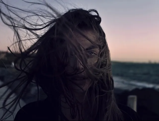 Windy portrait study, photographic, dark-mode, dark