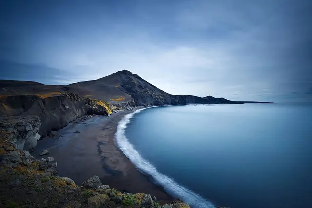 Icelandic coastal landscape with black sand beach, photographic, landscape, cool