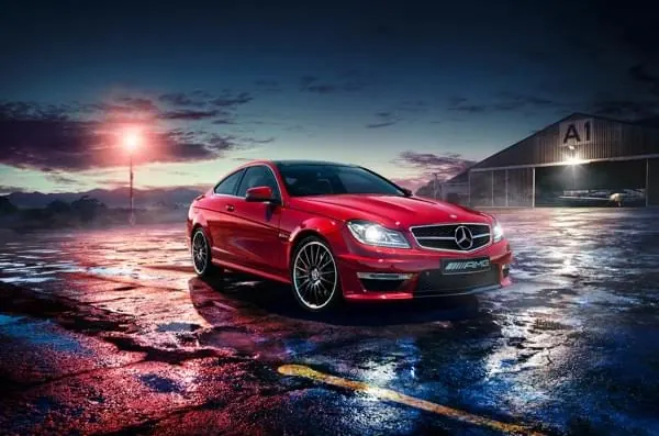 Red Mercedes sunset automotive photograph, photographic, dark-mode, warm