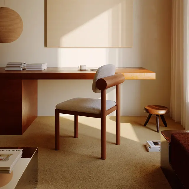 Minimalist interior workspace, minimal, organic, warm