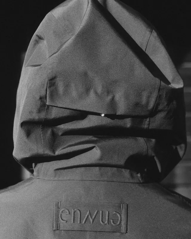 Black oversized jacket detail, photographic, editorial, monochrome