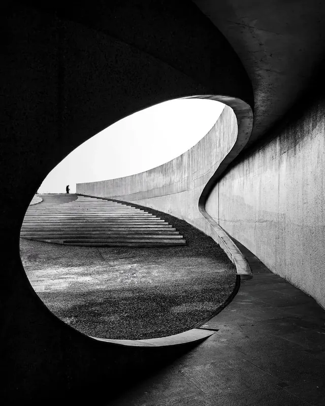 Architectural passage black and white photograph, photographic, minimalist, dark