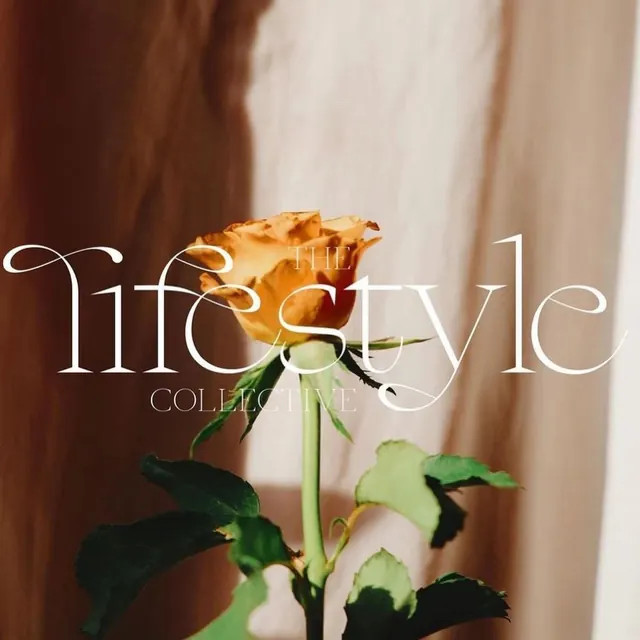 Rose with serif typography overlay, photographic, editorial, warm