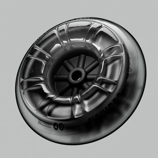 Car wheel and brake rotor closeup, photographic, technical, monochrome