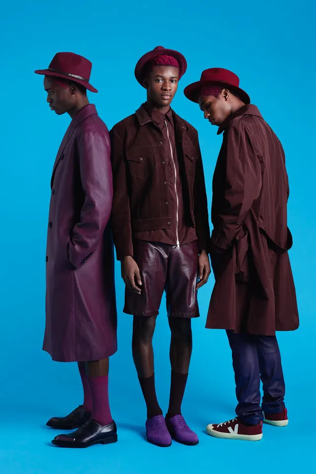 Color-drenching monochromatic fashion trio, photographic, editorial, vibrant