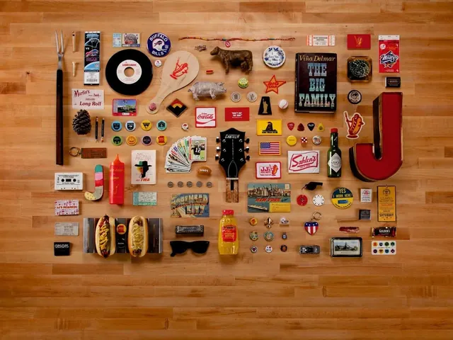 American heritage knolling composition, photographic, maximalist, warm