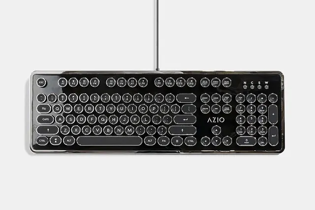 AZIO retro mechanical keyboard on minimal background, minimal, light-mode, light