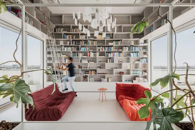 Modern penthouse living room with floor-to-ceiling shelving, minimal, light-mode, warm