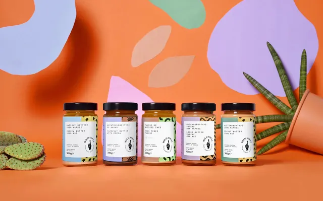 Colorful jar product display with organic botanical styling, playful, minimal, vibrant