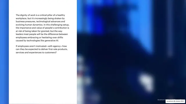 The dignity of work intro text over blue photo, editorial, minimal, light