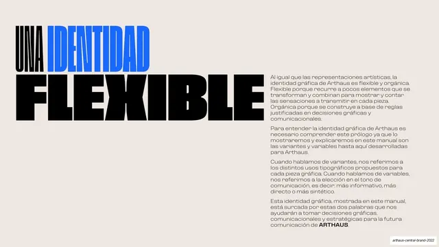 Una identidad flexible" intro spread, brutalist, editorial, light