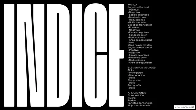 INDICE" table of contents, brutalist, editorial, dark