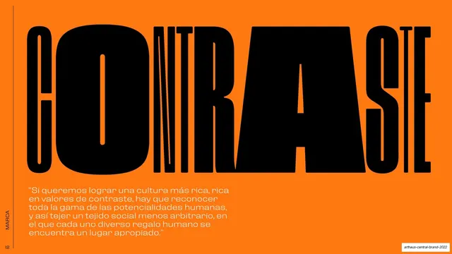 CONTRASTE" quote on orange, brutalist, editorial, vibrant