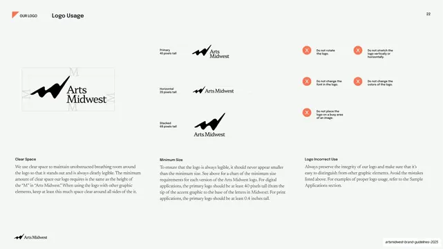 Logo usage, clear space, minimum size, incorrect use, editorial, minimal, light