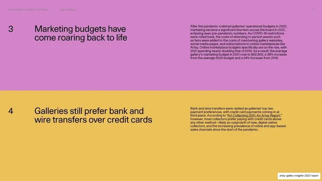 Key Findings 3 and 4 (marketing budgets, payment methods), editorial, swiss, vibrant