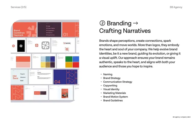 Branding service, crafting narratives, minimal, light-mode, light