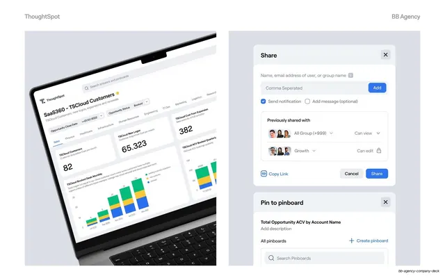 ThoughtSpot sharing and pinboard mockups, minimal, light-mode, light