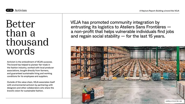 Better than a thousand words" split text and warehouse photo, editorial, swiss, light