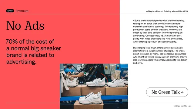 No Ads" coral slide with sneaker production photo, editorial, swiss, vibrant