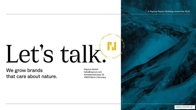 Let's talk" closing contact slide with stamp logo, editorial, minimal, light