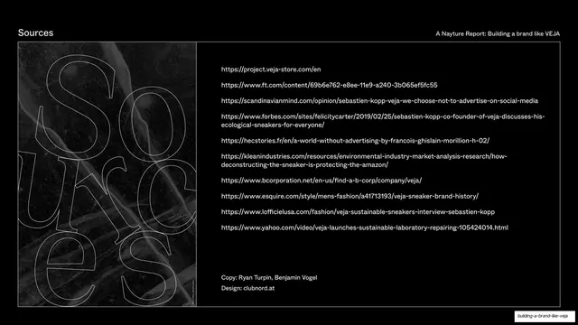 Sources slide with outlined "Sources" type and link list, editorial, dark-mode, dark