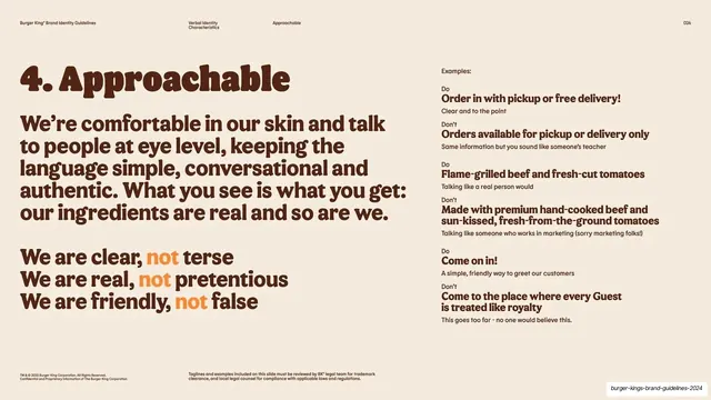 BK tone of voice "Approachable" with do and don't examples