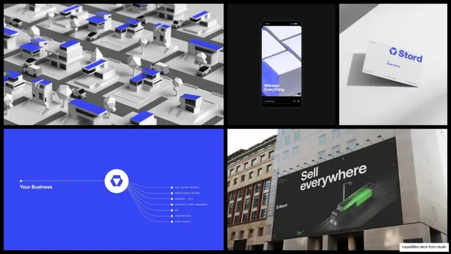 Stord brand applications grid (UI, business card, billboard)