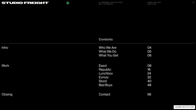 Studio Freight Capabilities Deck, editorial, dark-mode, dark