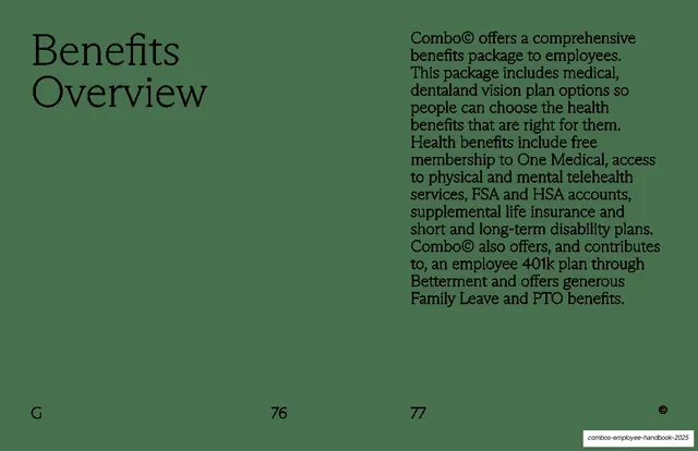 Benefits Overview text spread on green, editorial, minimal, muted
