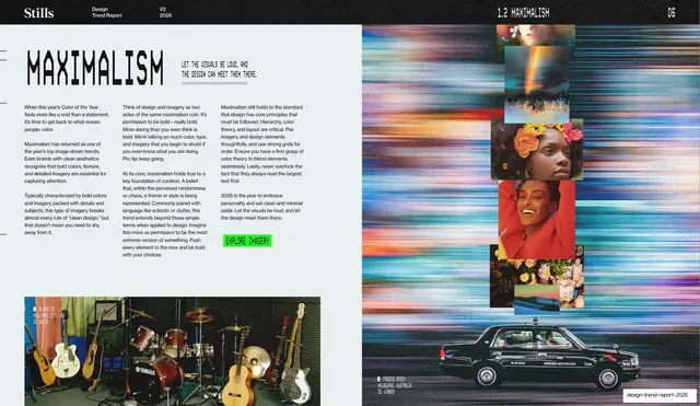 Maximalism trend write-up, editorial, photographic, light