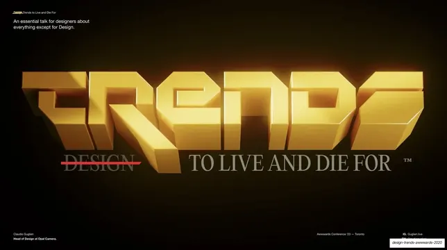 TRENDS 3D gold title lockup, 3d-render, editorial, dark