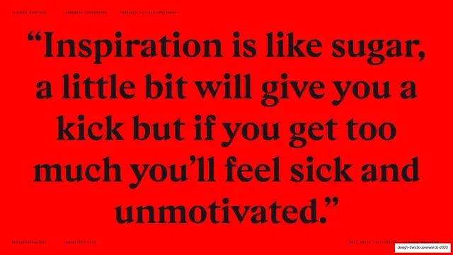 Inspiration is like sugar" red serif quote, editorial, minimal, vibrant